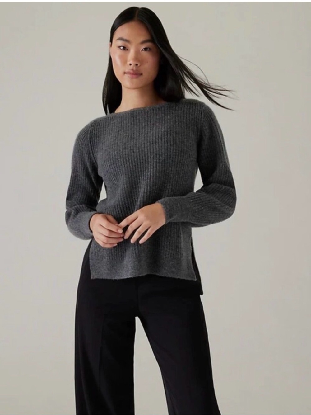 Athleta Layover Ribbed Boatneck Sweater in Charcoal Merino Wool